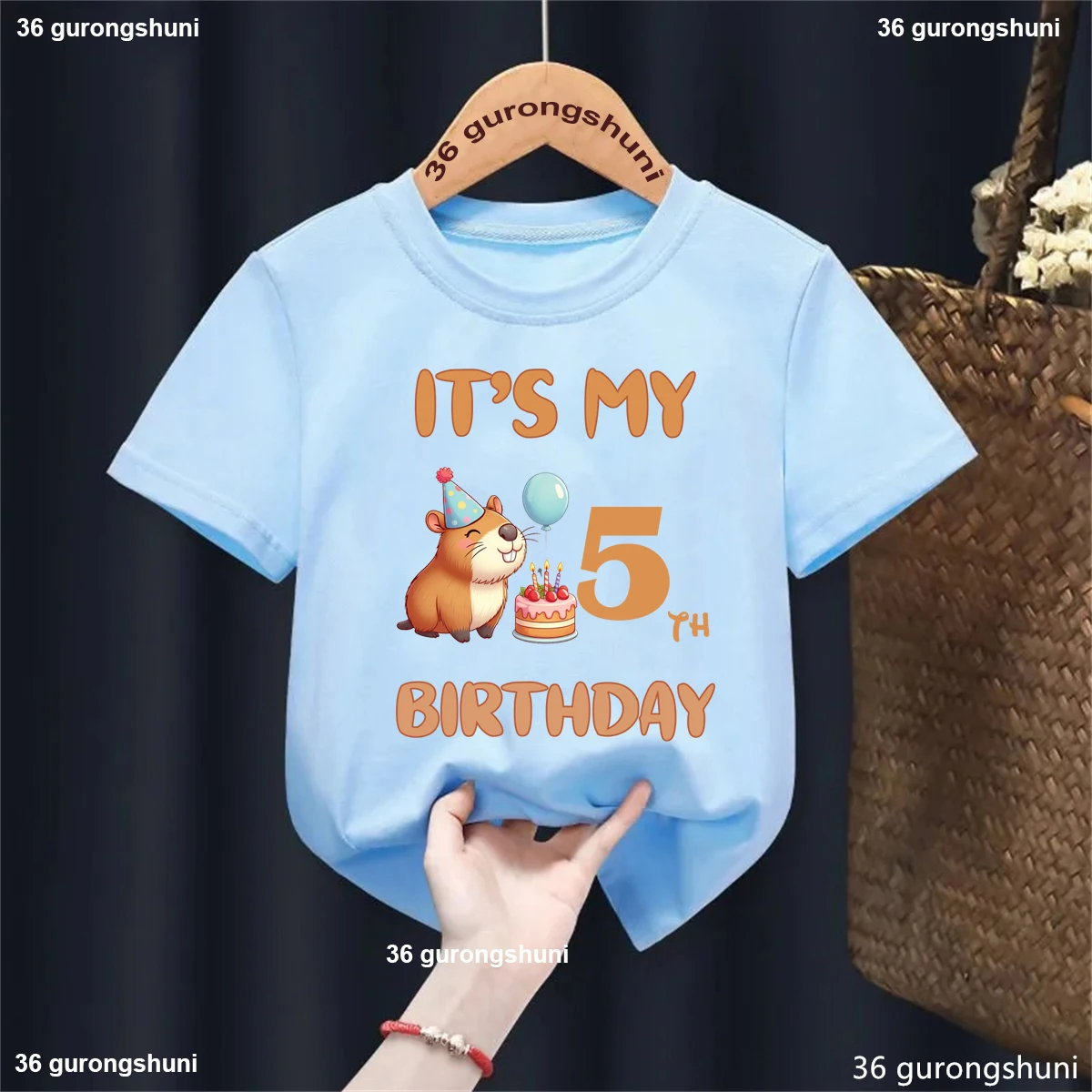 Camiseta con estampado de globos de capibara It's My 4th/5th Birthday para niñas/niños, regalo de cumpleaños, ropa para niños, camiseta sólida Kawaii - imagen 3