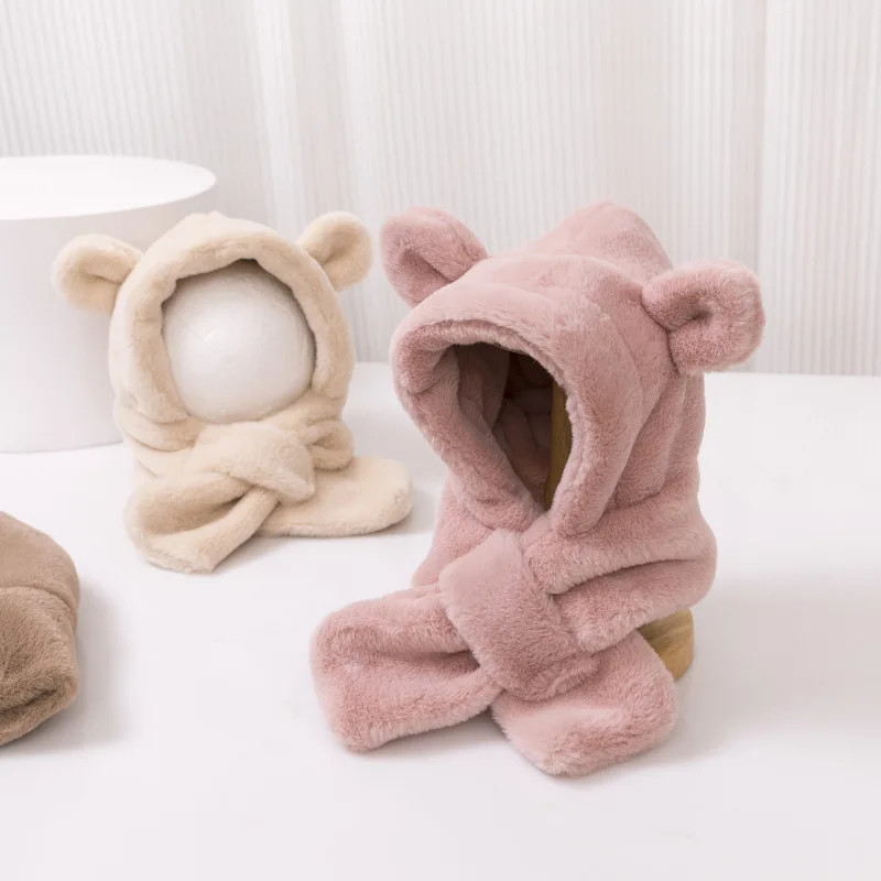 Gorros bonitos de oso para bebé, gorros, pañuelo, nuevo Otoño Invierno, gorro cálido de felpa sólido para niños, bufanda para exteriores, gorra para niño y niña de 0 a 3 años - imagen 3