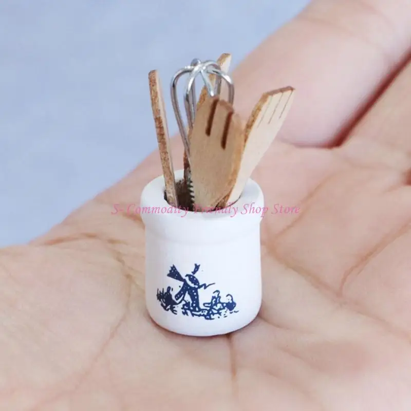 Juego accesorios cubiertos cocina en miniatura 85AE 1/12, utensilios madera con soporte cerámica