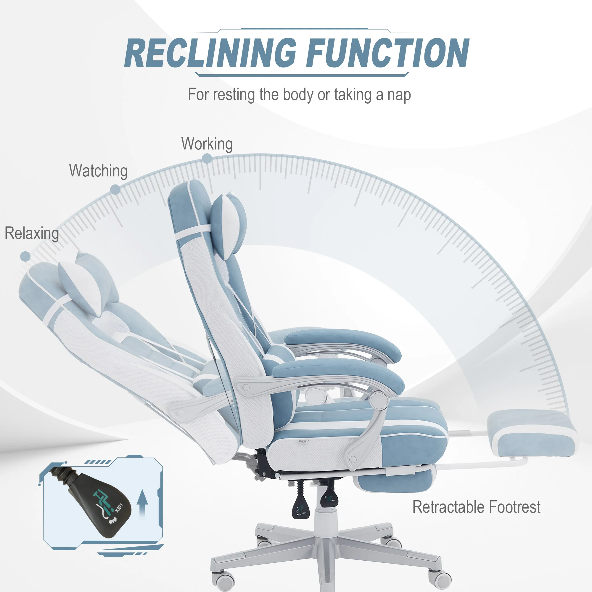 HOMCOM Silla Gaming Silla Gamer Reclinable con Altura Ajustable Reposapiés Retráctil Soporte Lumbar y Reposacabezas Desmontable Silla para Oficina Estudio - imagen 5