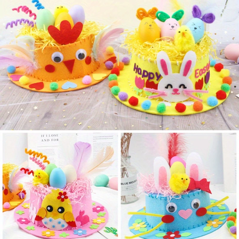 Sombreros de Pascua, Kit de manualidades DIY con decoraciones de plumas hechas a mano, conejito y polluelo para niños pequeños, fiesta de Pascua, accesorios para fotos de guardería - imagen 4