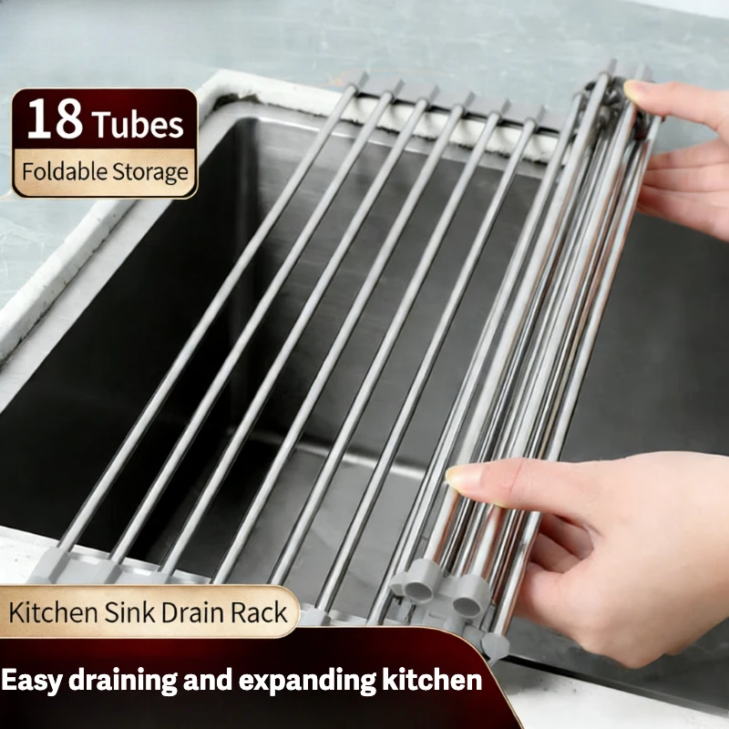 Tablero de filtro multifunción mejorado con marco de acero inoxidable, estante plegable para fregadero escurridor de platos para herramientas de organización de cocina