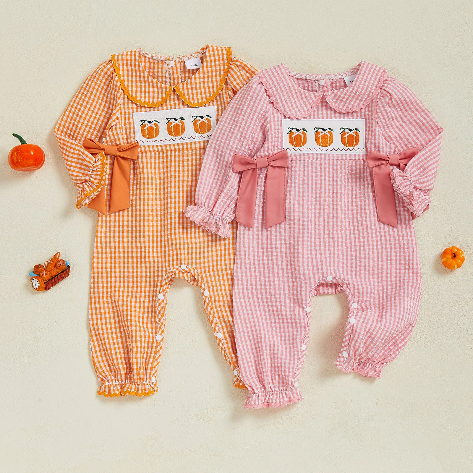 VISgogo-peleles para niñas de 0 a 18 meses, ropa de Halloween, monos de manga larga a cuadros con bordado de calabaza