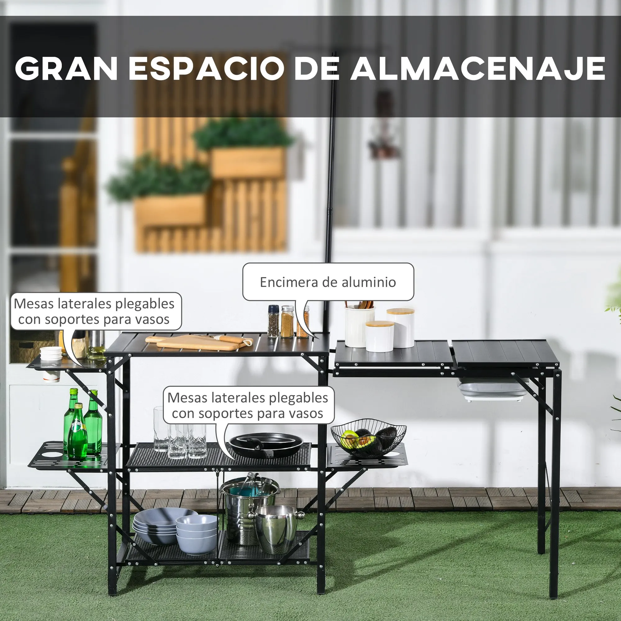 Outsunny Mesa de Cocina de Camping de 3 Niveles Mesa de Camping Plegable Portátil con Estantes de Almacenaje Fregadero Soporte para Lámpara y Bolsa de Transporte para Exterior 173x52x80-174 cm Negro - imagen 4