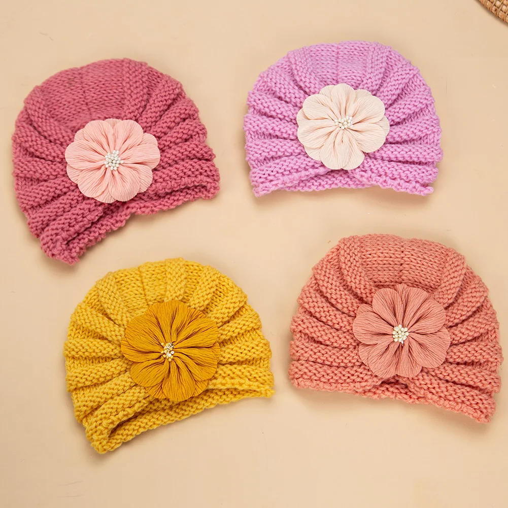 Gorros de punto con flores grandes de la India, gorros de ganchillo para recién nacidos, gorros de invierno para niños de 0 a 3T, diademas para niños y niñas, accesorios de fotografía
