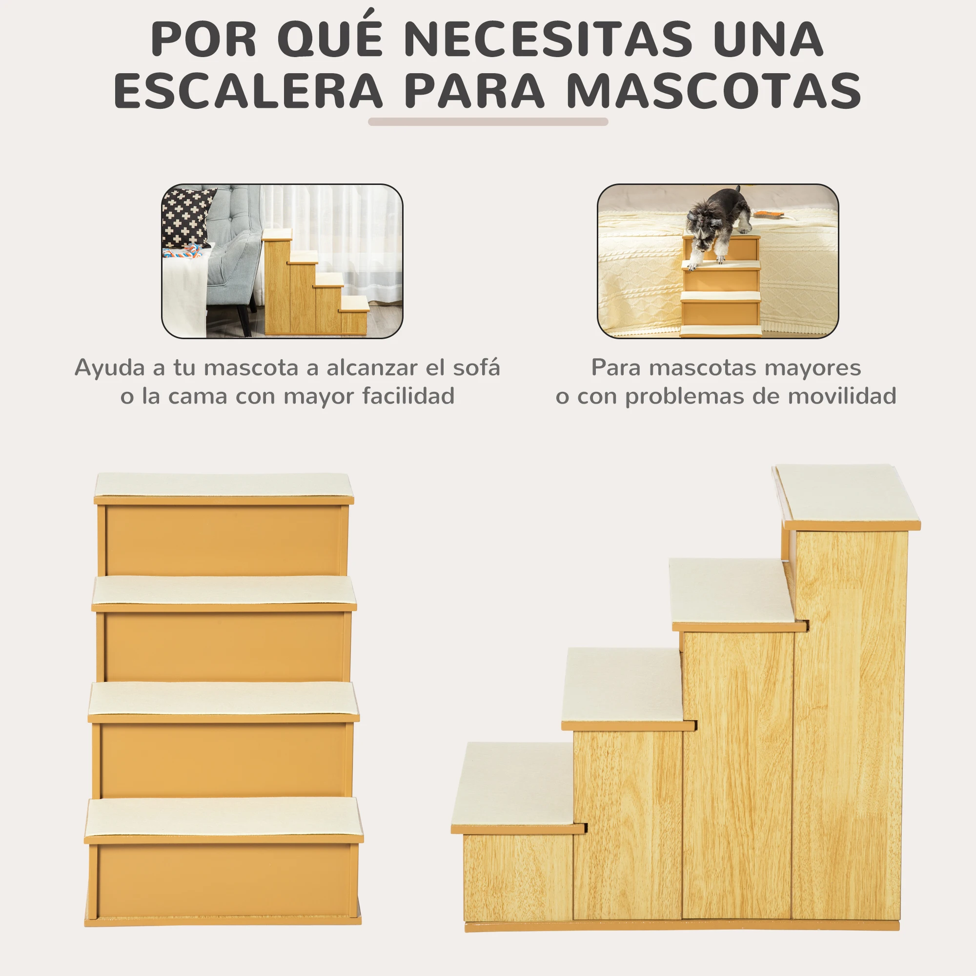 PawHut Escalera para Perros de 4 Peldaños Escalera para Mascotas Escalones para Perros Gatos con Acolchados Desmontables Carga 30 kg para Cama Sofá 40x59x54,2 cm Natural y Crema - imagen 5
