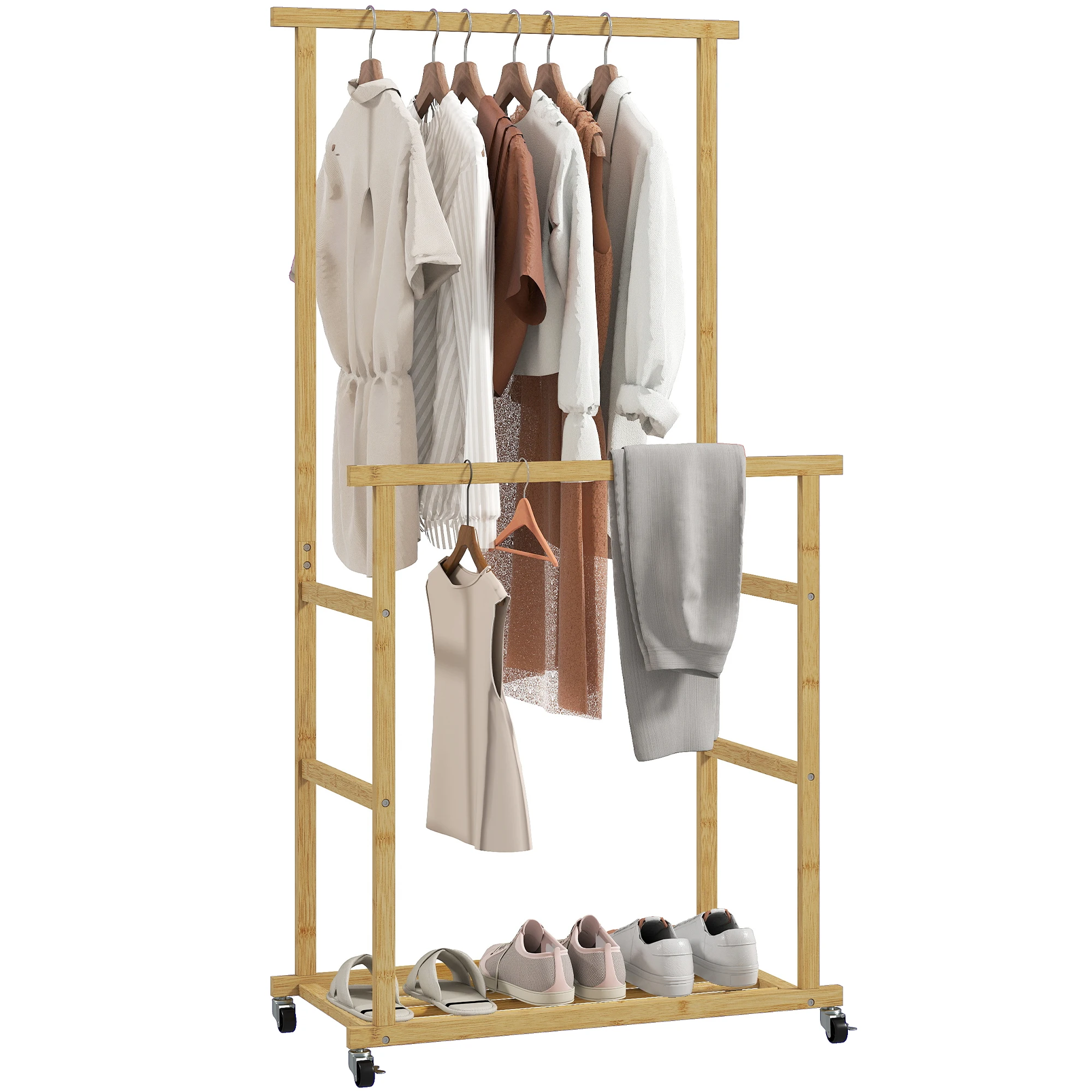 HOMCOM Burro Ropa, Perchero Colgador de Ropa de Bambú con Ruedas, con Zapatero, 2 Barras para Colgar, para Entrada, Pasillo, Dormitorio, 80x40x160 cm, Natural
