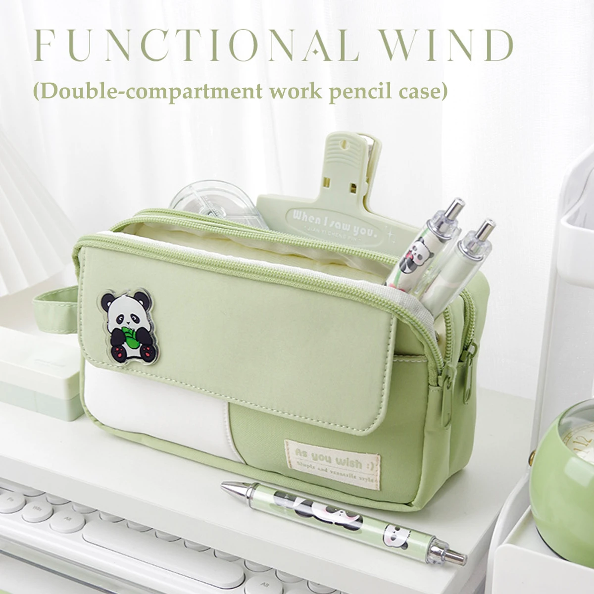 Bolsa de lápices Simple de gran capacidad con Panda de dibujos animados, bolsa de papelería portátil para estudiantes de secundaria con doble compartimento, verde/negro/púrpura
