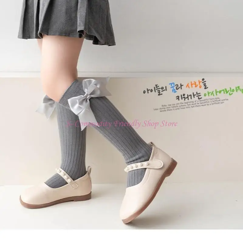 85AE Calcetines algodón hasta rodilla lazo cintas niñas vuelta al cole - imagen 3