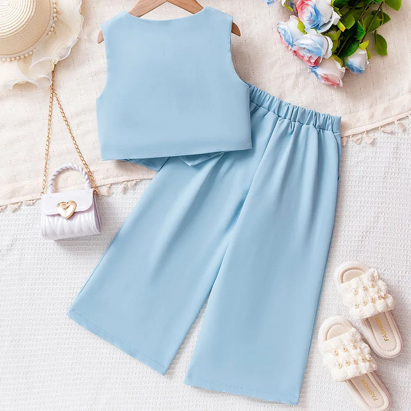 Conjuntos de 2 piezas de ropa de verano para niña, Tops de algodón sin mangas con flores sólidas a la moda coreana + Pantalones sueltos, ropa de Boutique para niños B063 - imagen 3