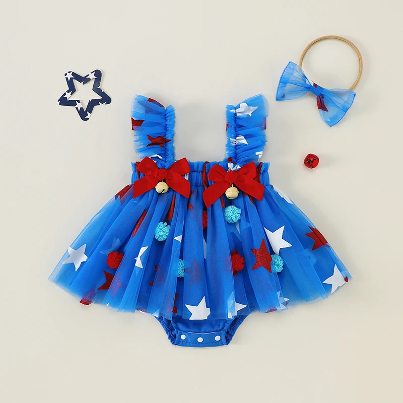 SUNSIOM Vestido mameluco para niña de 0 a 18 meses, 4 de julio, mono de tul sin mangas con estampado de estrellas y diadema con lazo