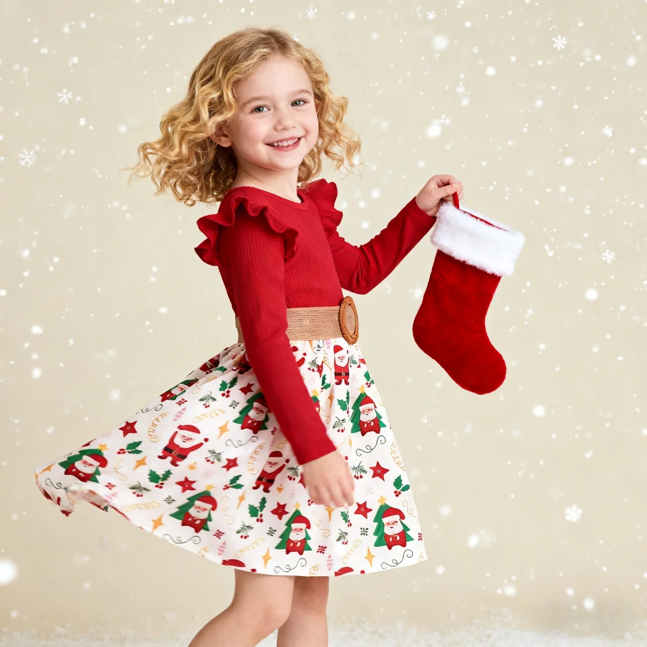 Vestido rojo de manga larga para niñas de 1 a 7 años, vestido de Navidad que combina con cinturón, vestido de Año Nuevo, disfraces de Festival, ropa de otoño e invierno