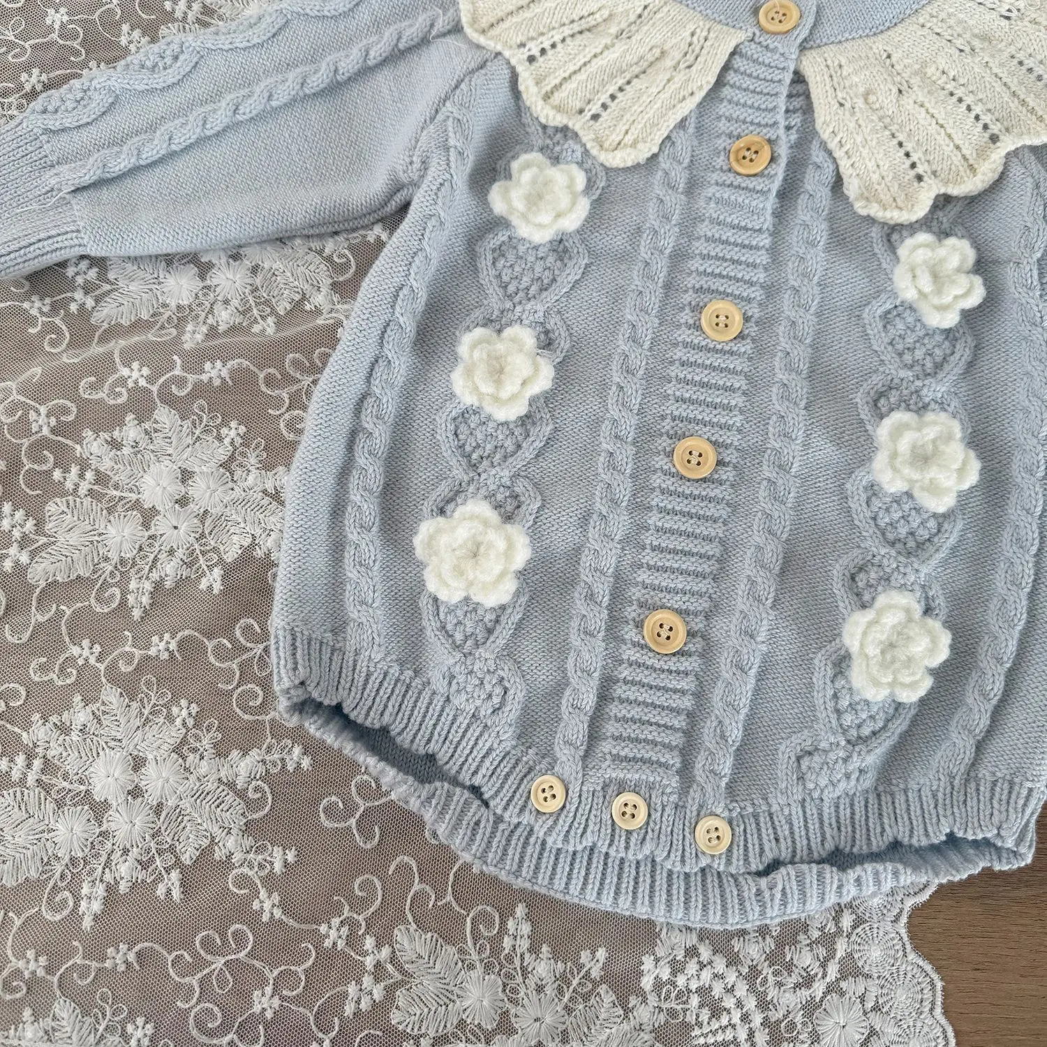 Body para niñas de 0 a 2 años, cuello con volantes, tejido de una pieza hecho a mano con flores, prendas de punto para niñas, suéteres para bebés - imagen 4