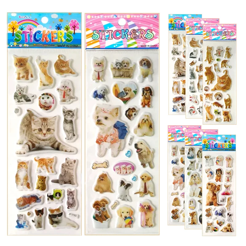 6 hojas de pegatinas 3d para perros y gatos, álbum de recortes con estilo de coche, pegatinas de recompensa de burbujas de animales para niños, regalo para niños y niñas, juguete