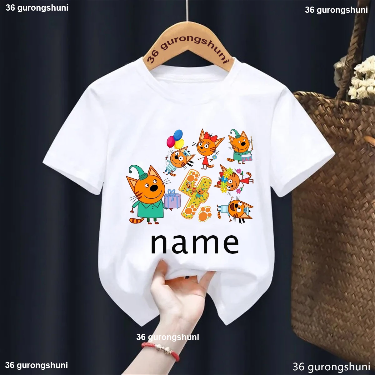 Camiseta con nombre personalizado para niños y niñas, ropa divertida de gato familiar, Harajuku, color liso, regalo de cumpleaños, 1, 2, 3, 4. ° - imagen 5