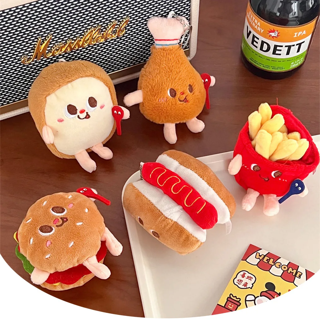 5 unids/set creativo patatas fritas hamburguesa bolsa colgante pareja felpa colgante decoración niña corazón coche llavero pequeña muñeca