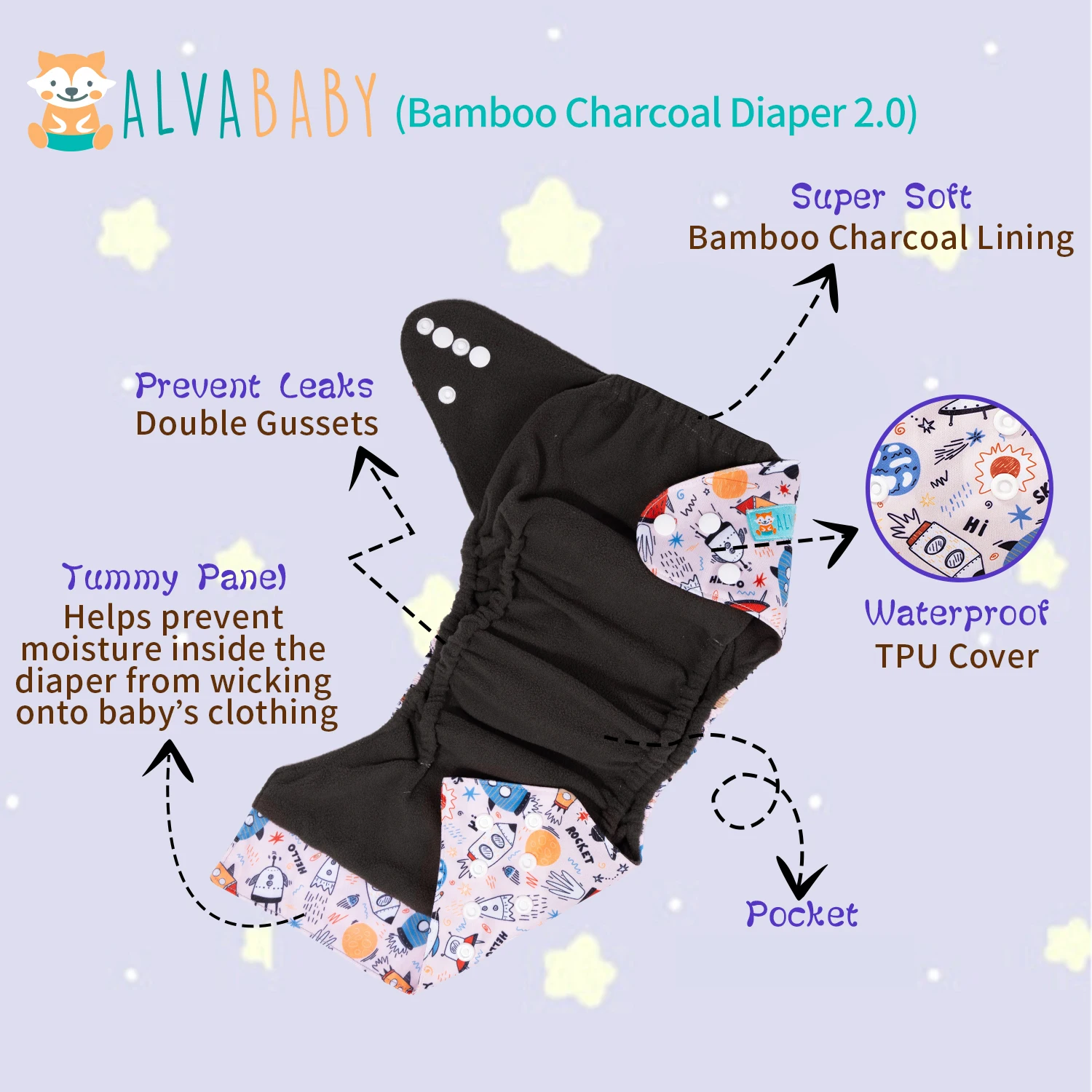 ALVABABY-pañal de tela de carbón de bambú, 1 unidad, con refuerzo doble y Panel de abdomen, pañal de tela reutilizable para bebé, diseño de moda - imagen 2