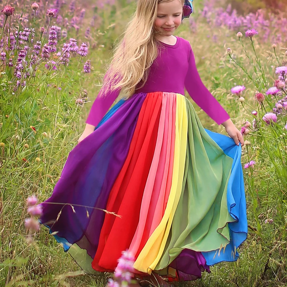 Nueva moda Otoño Invierno Arco Iris manga larga algodón bloque de Color lindo bebé niña vestidos de fiesta de algodón para niños vestido de princesa para niñas