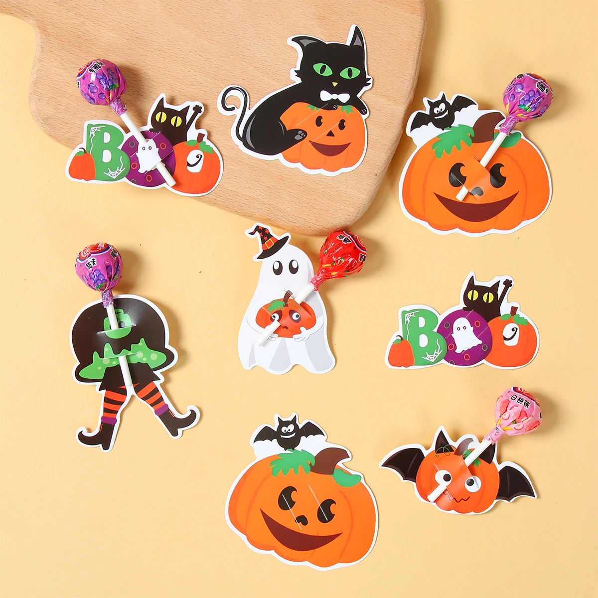 48 unids/set tarjetas de piruleta de Halloween calabaza gato fantasma envases de dulces para niños regalo de truco o trato soportes de dulces para fiesta de Halloween - imagen 3