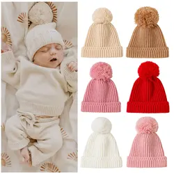 Gorros de punto cálidos para bebé recién nacido, gorros de punto suaves y esponjosos Unisex para niña y niño, gorros con bolas peludas, gorros cálidos y bonitos para bebé
