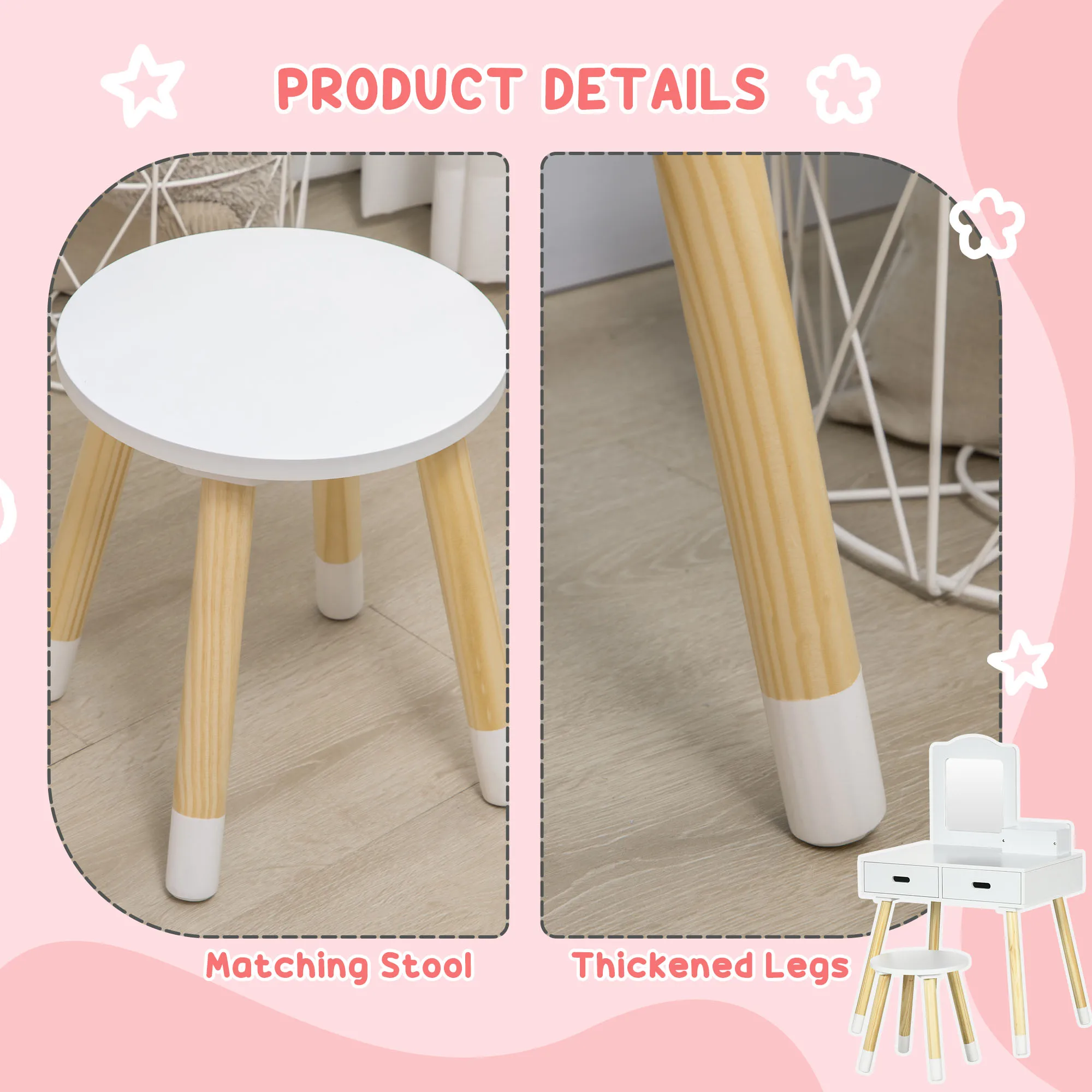 ZONEKIZ Tocador para Niñas Tocador de Madera Infantil con Taburete y Espejo Centro de Belleza con 2 Cajones Juguete Educativo para Niñas de 3-6 Años 60x40x95 cm Blanco - imagen 5