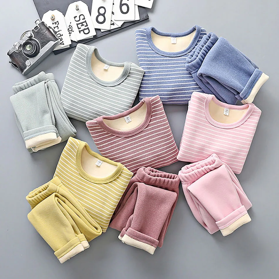 Conjunto de pijama para niños con forro de felpa, ropa de dormir de invierno a rayas acogedora, pijamas suaves ultra cálidos para niños y niñas para otoño e invierno - imagen 2