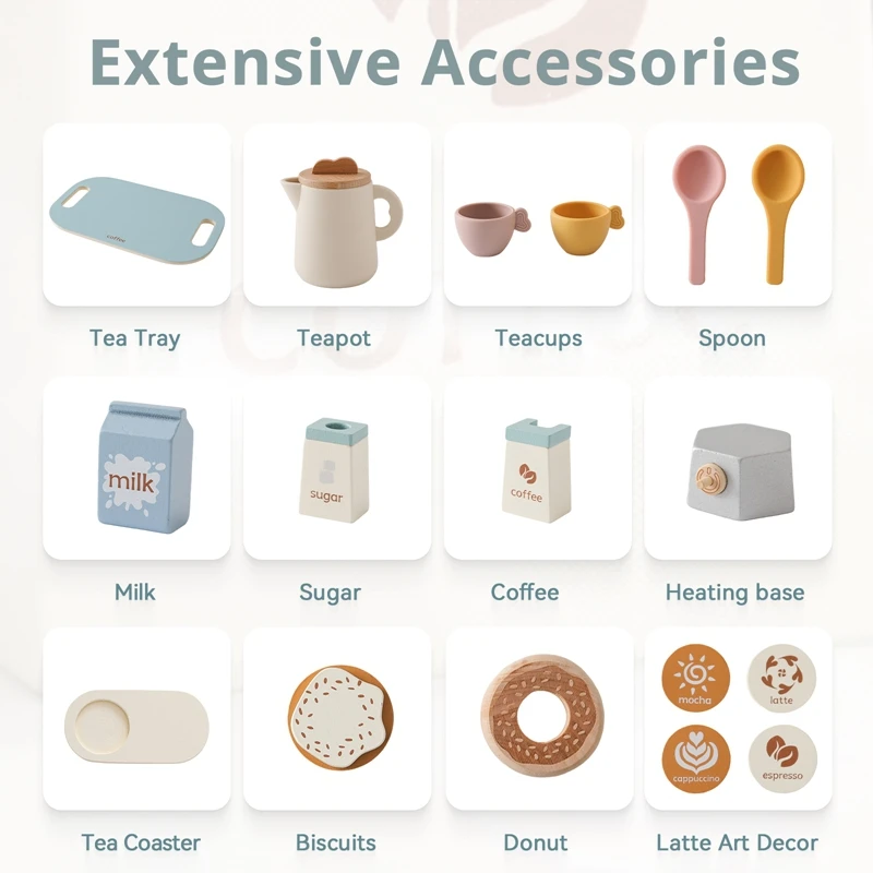 Juego de té de la tarde de café de madera para niños, tetera de cocina de simulación, juego de rol de silicona sin BPA, juguete Montessori temprano, regalo - imagen 4