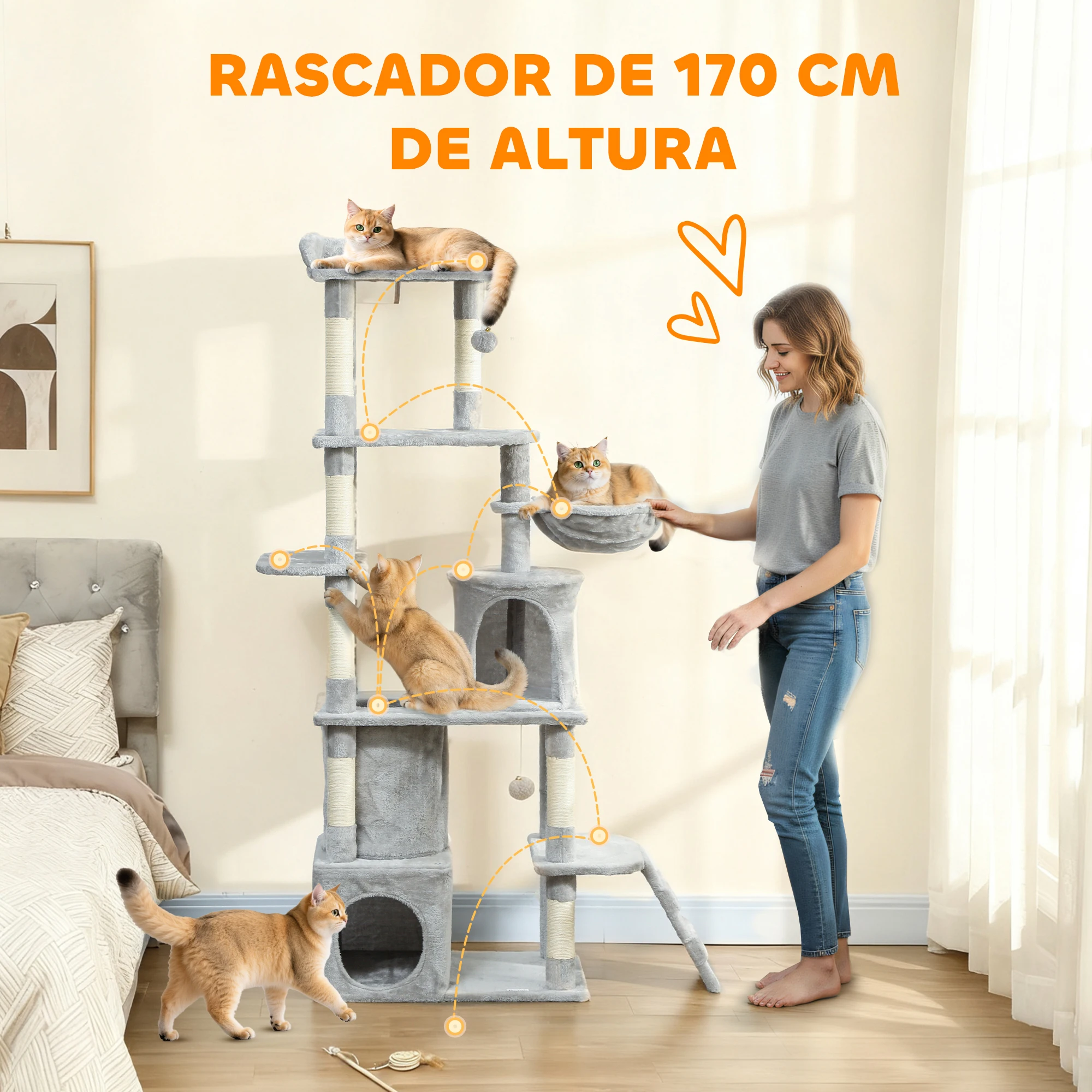 PawHut Árbol Rascador para Gatos Grande, Árbol para Gatos, Altura 170 cm, Torre de Escalada con 7 Postes, 1 Túnel, 3 Plataformas, 2 Cuevas, 1 Hamaca, 1 Percha, 1 Rampa, Pompones - imagen 5
