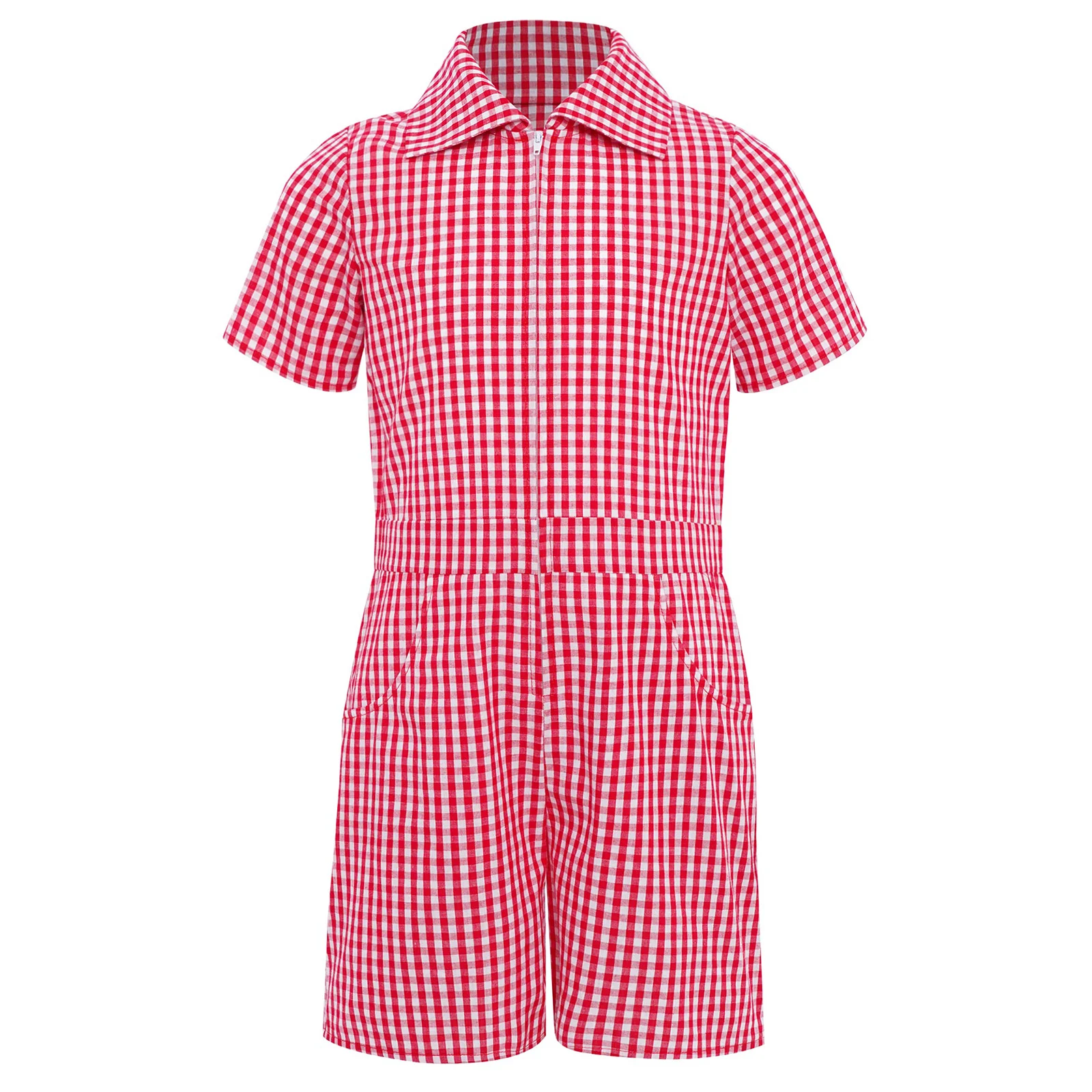 Uniforme escolar para niñas, mono informal a cuadros con cuello vuelto, mono de manga corta con cremallera frontal y bolsillos para uso diario - imagen 4