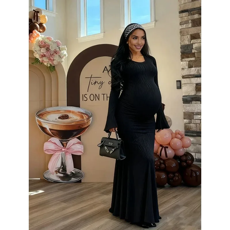 Vestido acanalado de maternidad manga larga para sesión de fotos - imagen 4