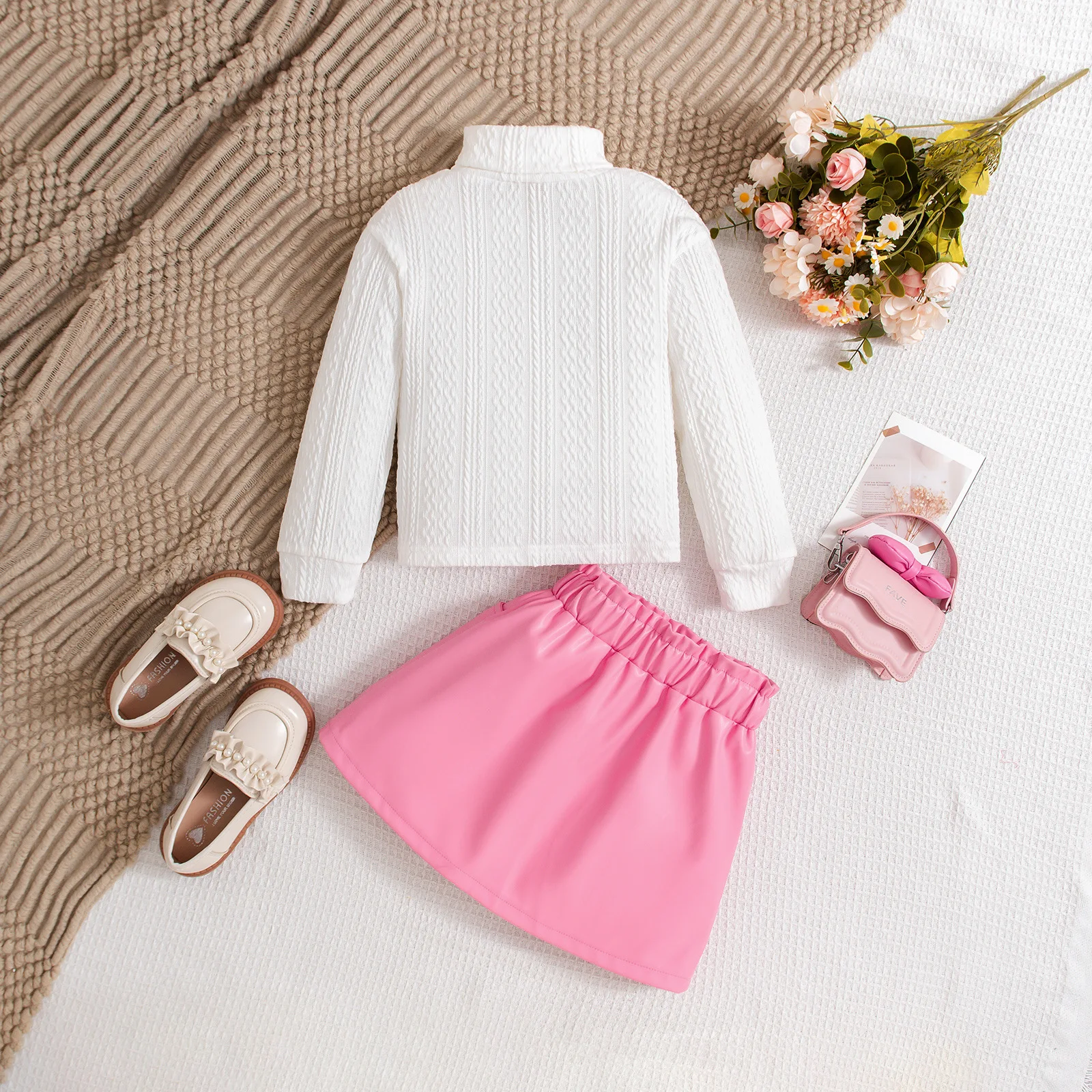 Conjuntos de 2 uds para niños, ropa de otoño para niñas, Tops blancos de manga larga con cuello alto + falda de PU, ropa de Boutique para bebés BC565 - imagen 4