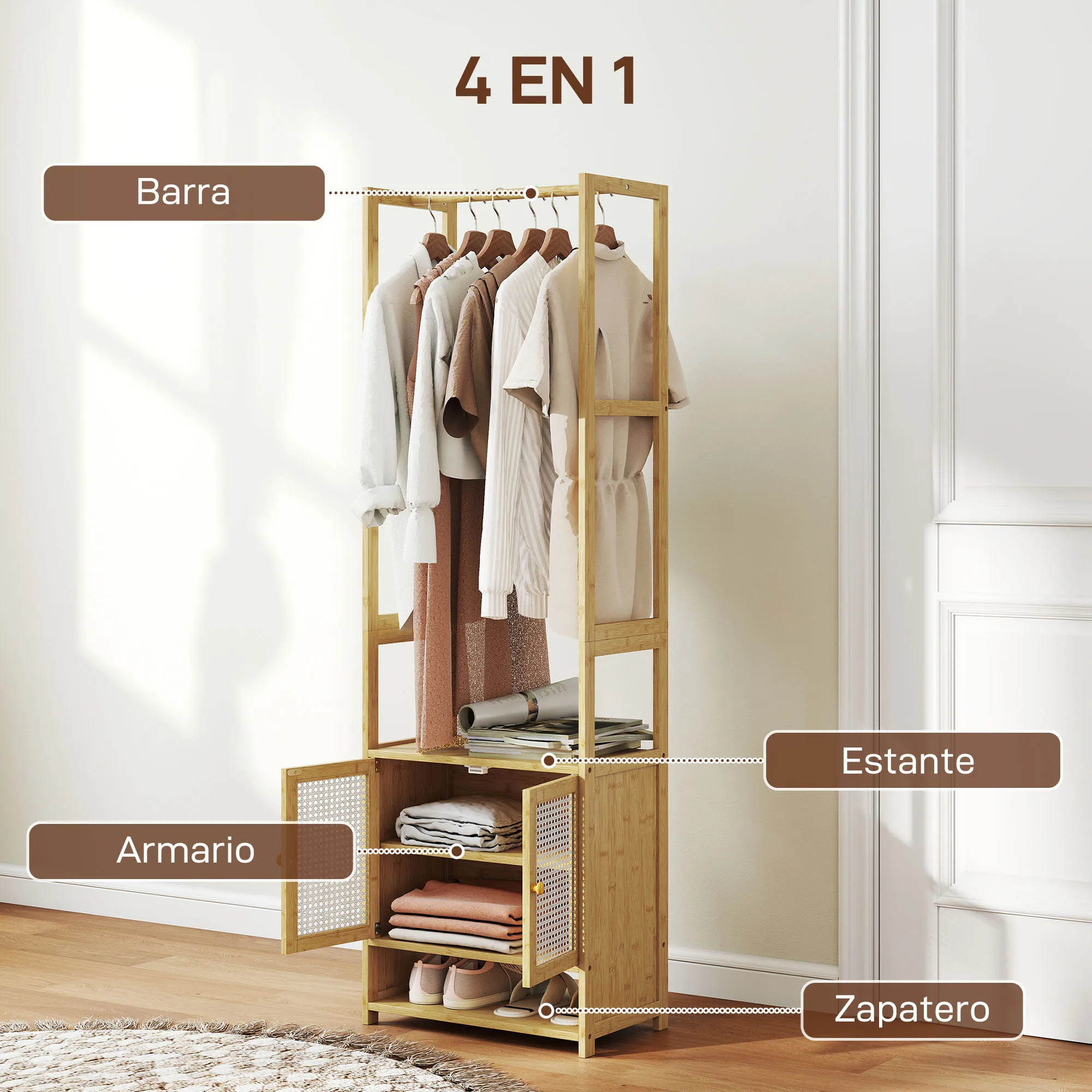 HOMCOM Perchero con Armario, Perchero para Ropa de Bambú, con Zapatero, Barra para Colgar, Estante Ajustable, para Entrada, Pasillo, Dormitorio, 53x31x168 cm, Natural - imagen 4