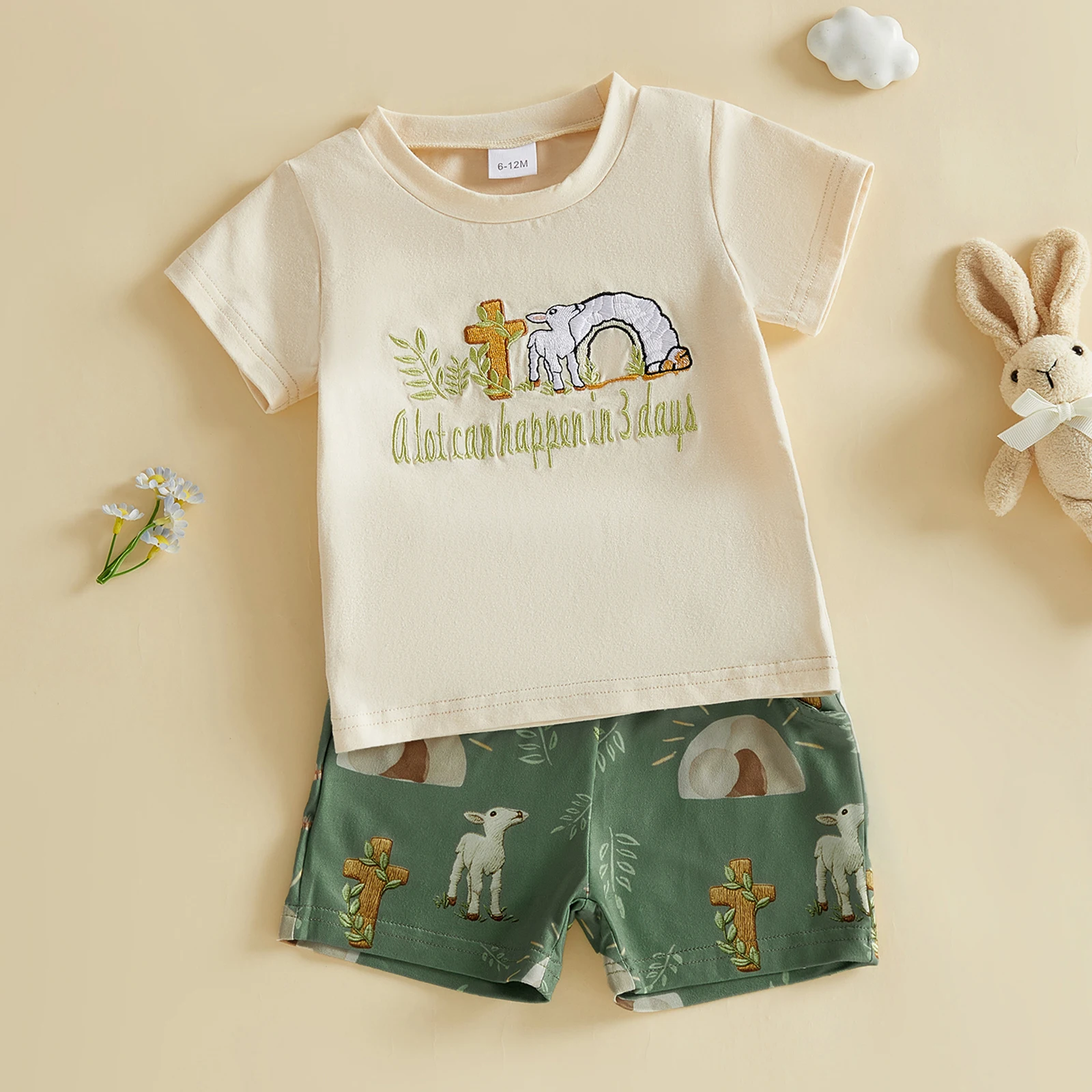Conjunto bebé primavera: camiseta y shorts de algodón bordado