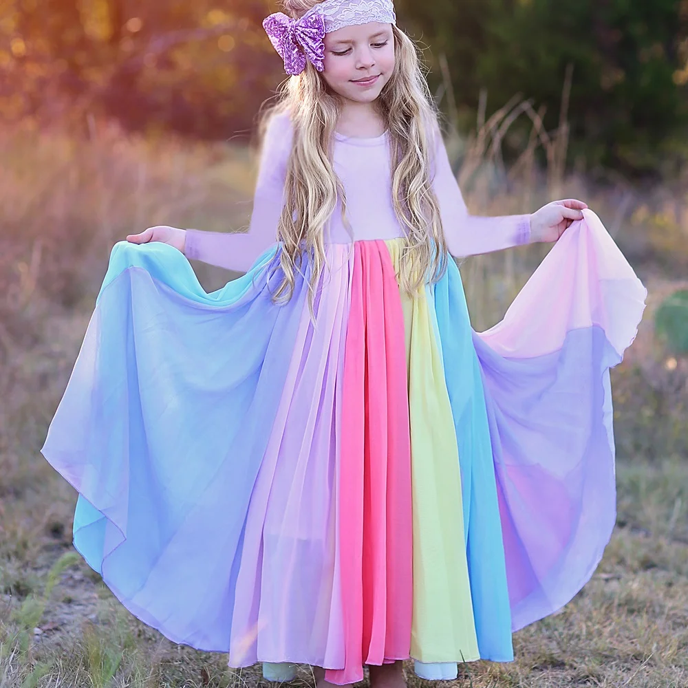 Nueva moda Otoño Invierno Arco Iris manga larga algodón bloque de Color lindo bebé niña vestidos de fiesta de algodón para niños vestido de princesa para niñas - imagen 2