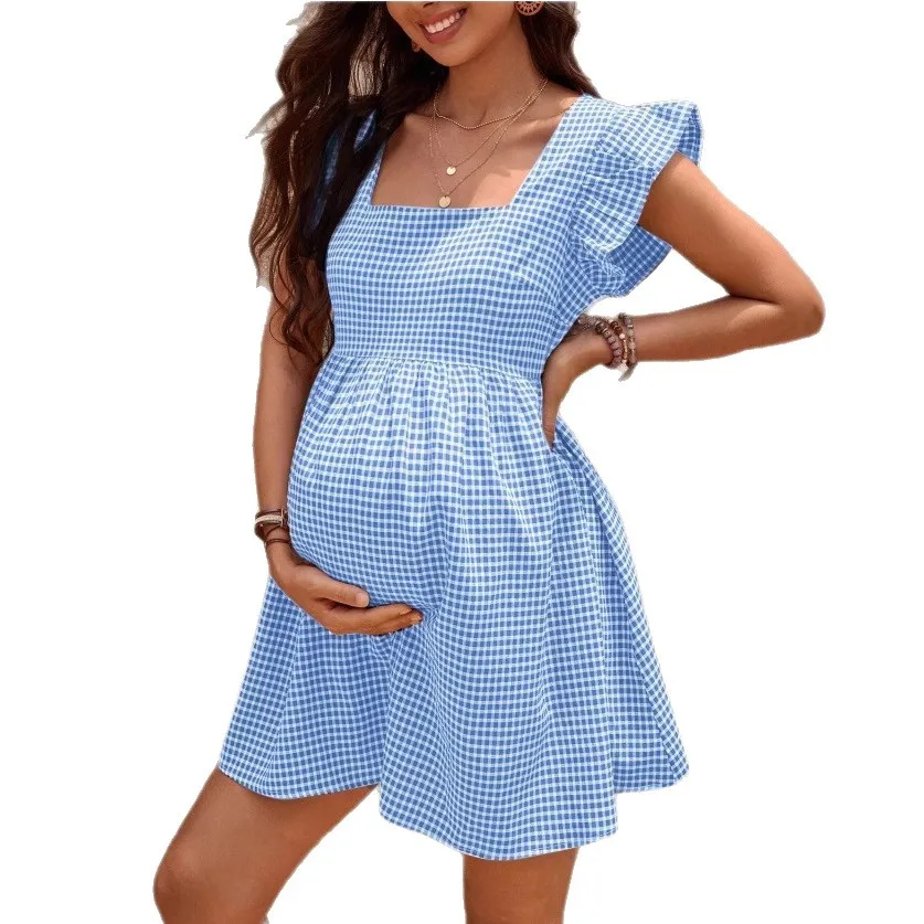 Nuevo vestido de maternidad, ropa de verano, pantalón corto informal de manga acampanada, vestido cómodo con cuello cuadrado para mujeres embarazadas