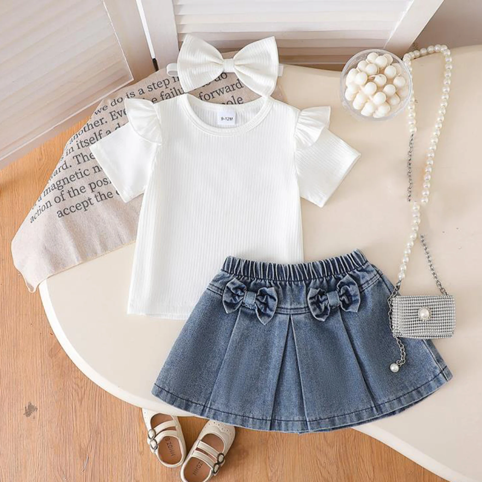 SUNSIOM-Conjunto de verano para niña, camiseta de manga corta con volantes de Color sólido y falda vaquera con lazo, conjunto con diadema, ropa informal bonita