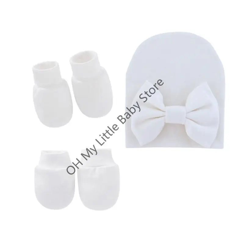 M76C Gorro con lazo para bebé, guantes sin arañazos, conjunto cubierta para los pies, manoplas algodón suave, gorro, - imagen 2