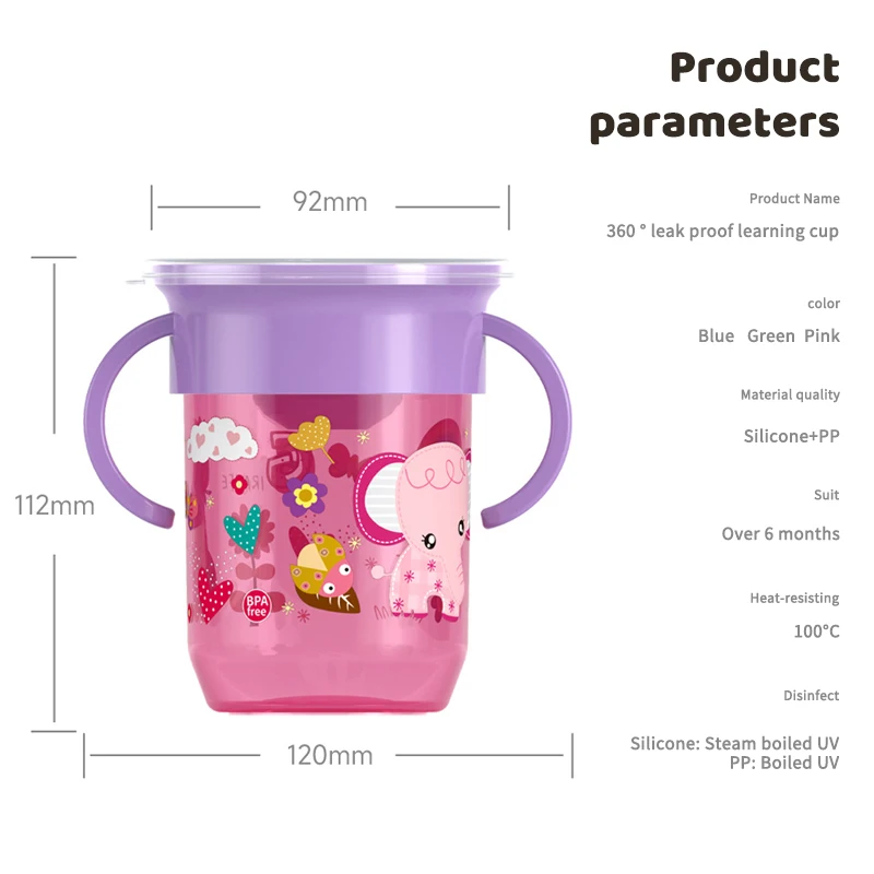Taza de aprendizaje para bebé con dibujos animados girados 360, tapa abatible con doble asa, vasos de agua a prueba de fugas para bebés, botella sin BPA - imagen 4