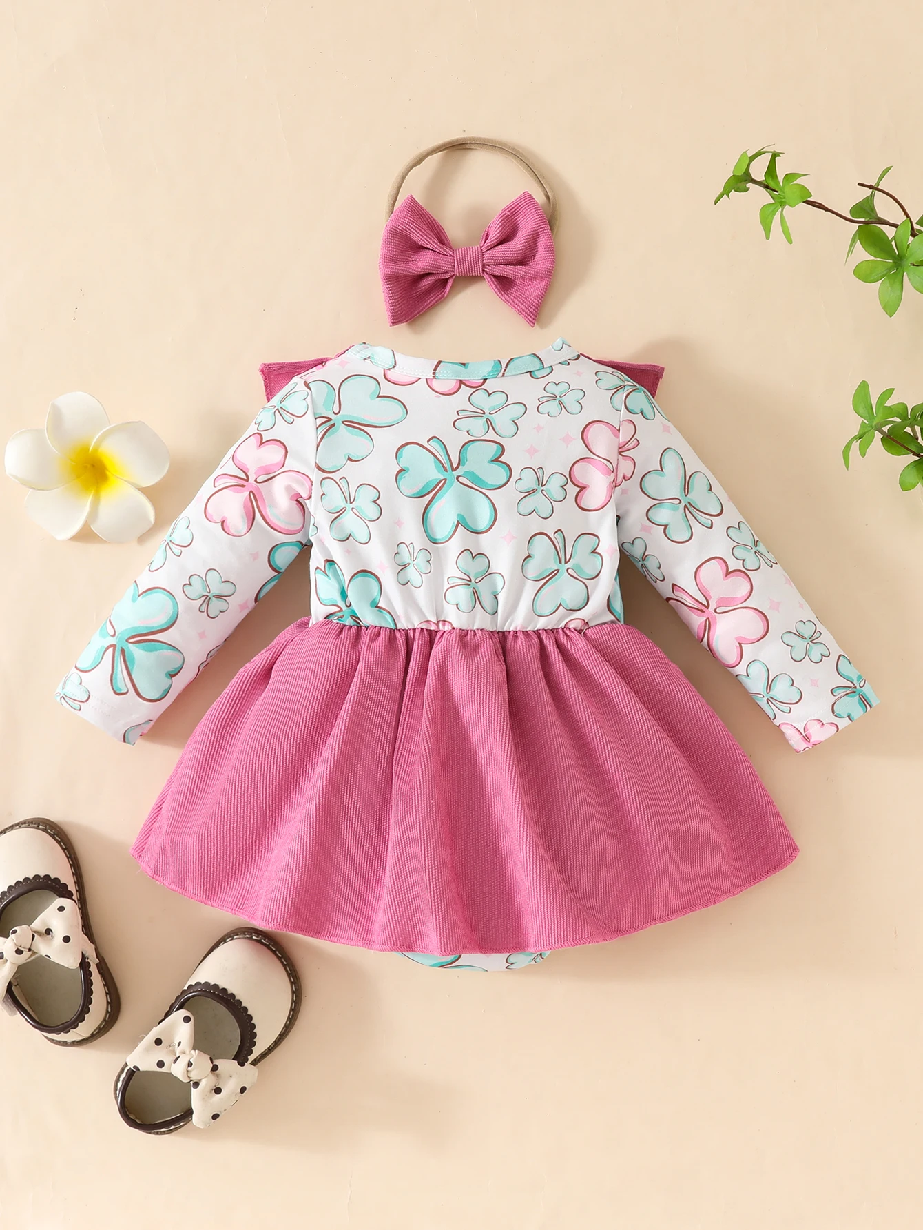 2PCS Infant Girl Dress Set Floral Print Long Sleeves Bodysuit +Headband Spring Baby Dresses for 0-18Months Romper Party Clothing - imagen 5