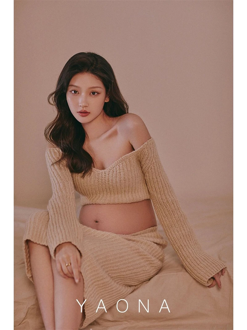 Accesorios de fotografía para mujer, vestidos de maternidad, Tops tejidos de color caqui, falda, conjunto de 2 uds., ropa informal para sesión de fotos de estudio coreana - imagen 3