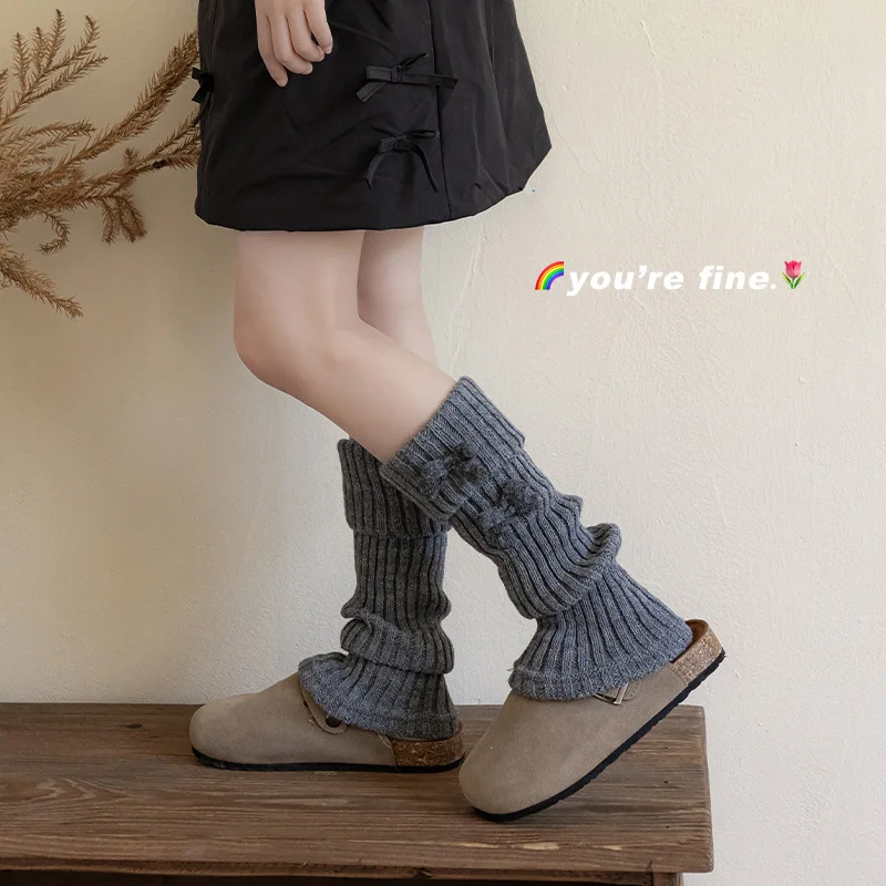 Calcetines hasta la rodilla para niñas, calentadores de piernas de punto cálidos para invierno, calcetines apilados con puños de lazo para niñas pequeñas, calcetines bonitos coreanos Kawaii marrones para botas - imagen 4