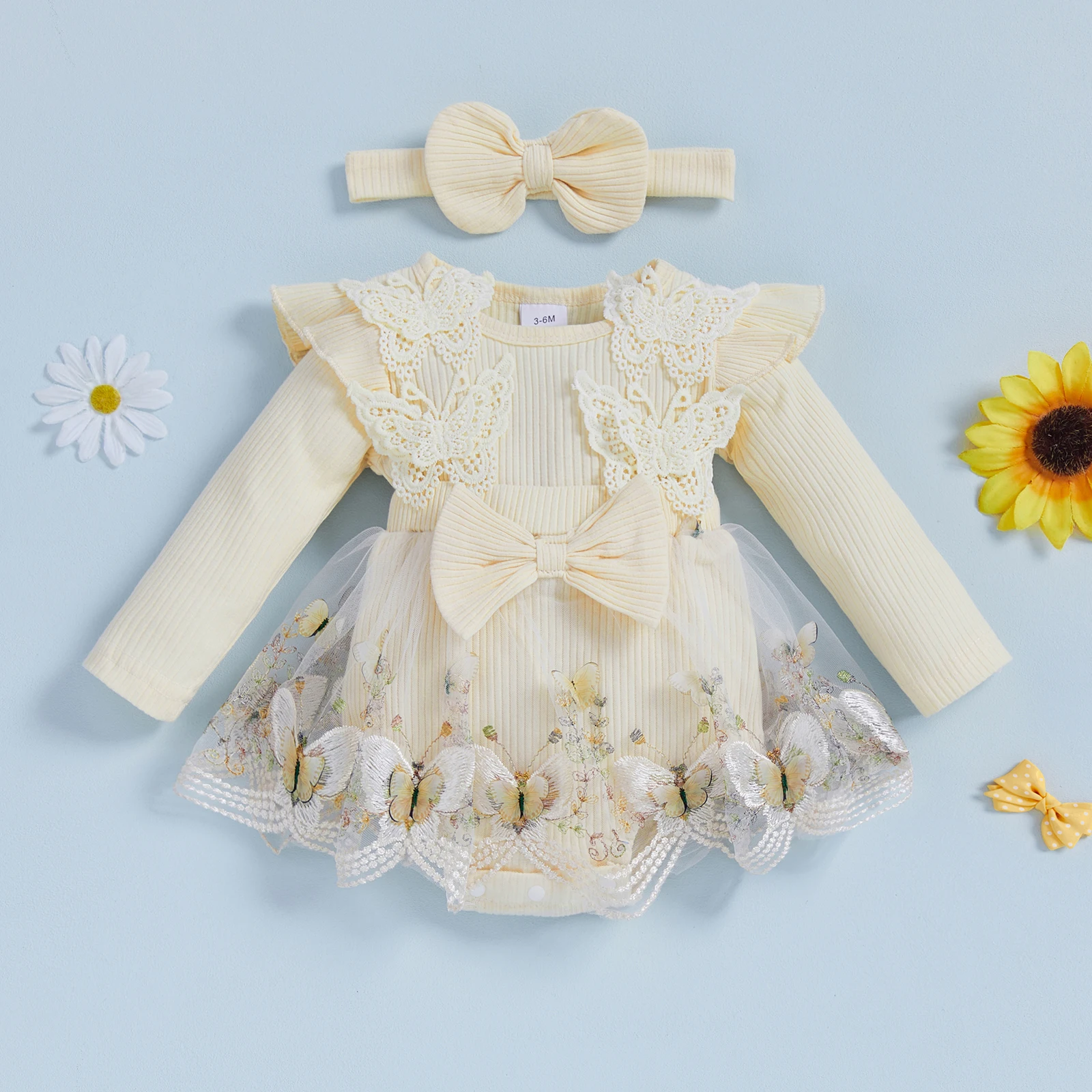 Conjunto de niña recién nacida de manga larga, cuello redondo, bordado de mariposa, vestido mameluco acampanado con diadema con lazo, ropa