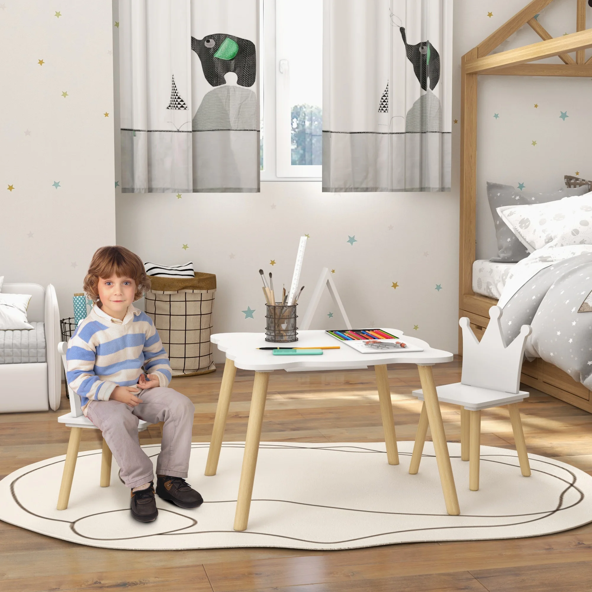 AIYAPLAY Mesa y Sillas Infantiles de 3 Piezas Mesa Infantil con 2 Sillas con Respaldo en Forma de Corona para Niños de 3-6 Años para Sala de Juegos Dormitorio Guardería Blanco