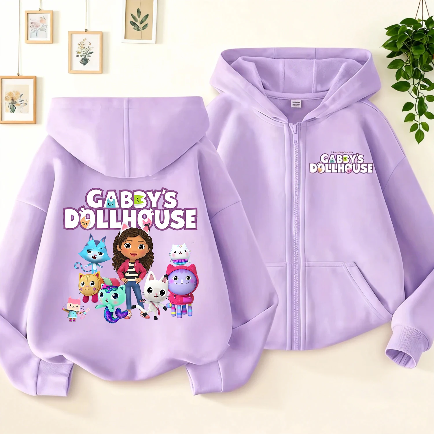 Gabby Dollhouse Sudadera con capucha y cremallera para niñas, abrigo de dibujos animados, ropa de Anime a la moda, chaqueta con capucha de otoño púrpura, sudadera Kawaii para niños, regalo