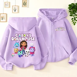 Gabby Dollhouse Sudadera con capucha y cremallera para niñas, abrigo de dibujos animados, ropa de Anime a la moda, chaqueta con capucha de otoño púrpura, sudadera Kawaii para niños, regalo