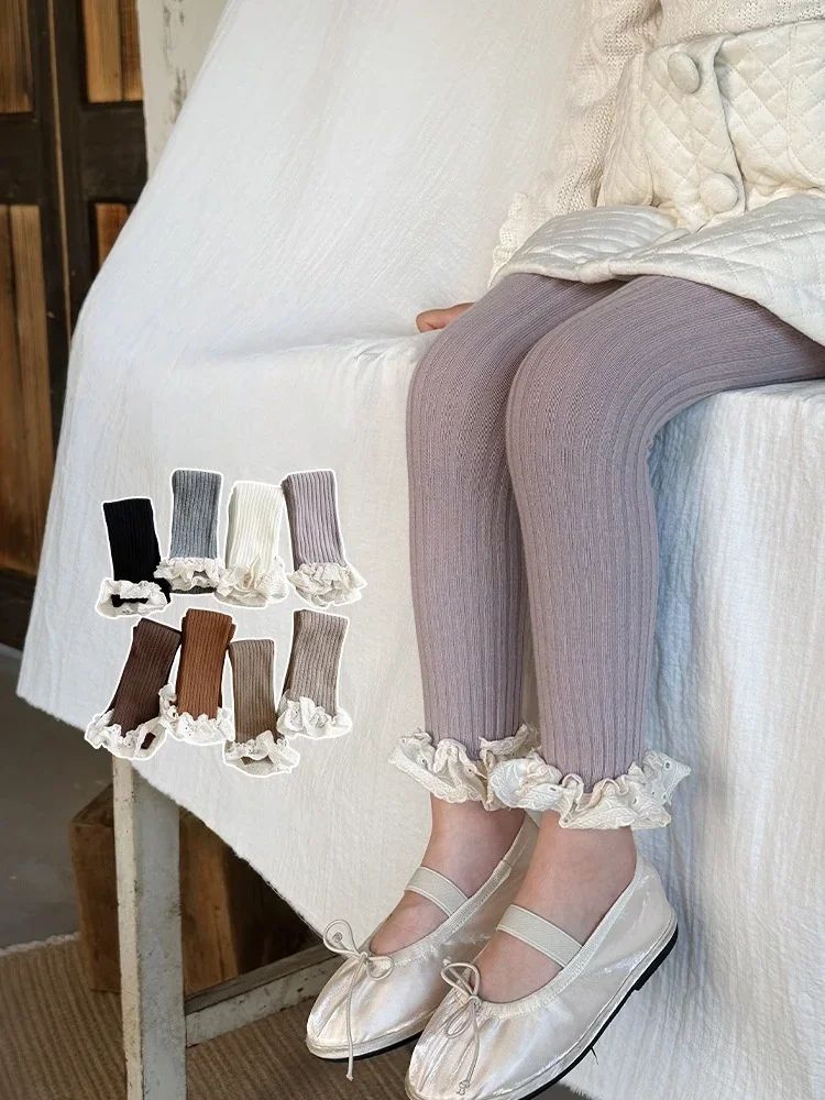 Mallas Retro con volantes para niñas, pantalones de punto acanalado elástico, medias estilo noveno Lotita, primavera 2026