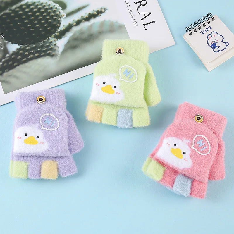 Nuevos guantes de invierno para niños: engrosados, medio dedo y ribete, tejidos con diseño de dibujos animados, cálidos dedos separados para niños, niñas