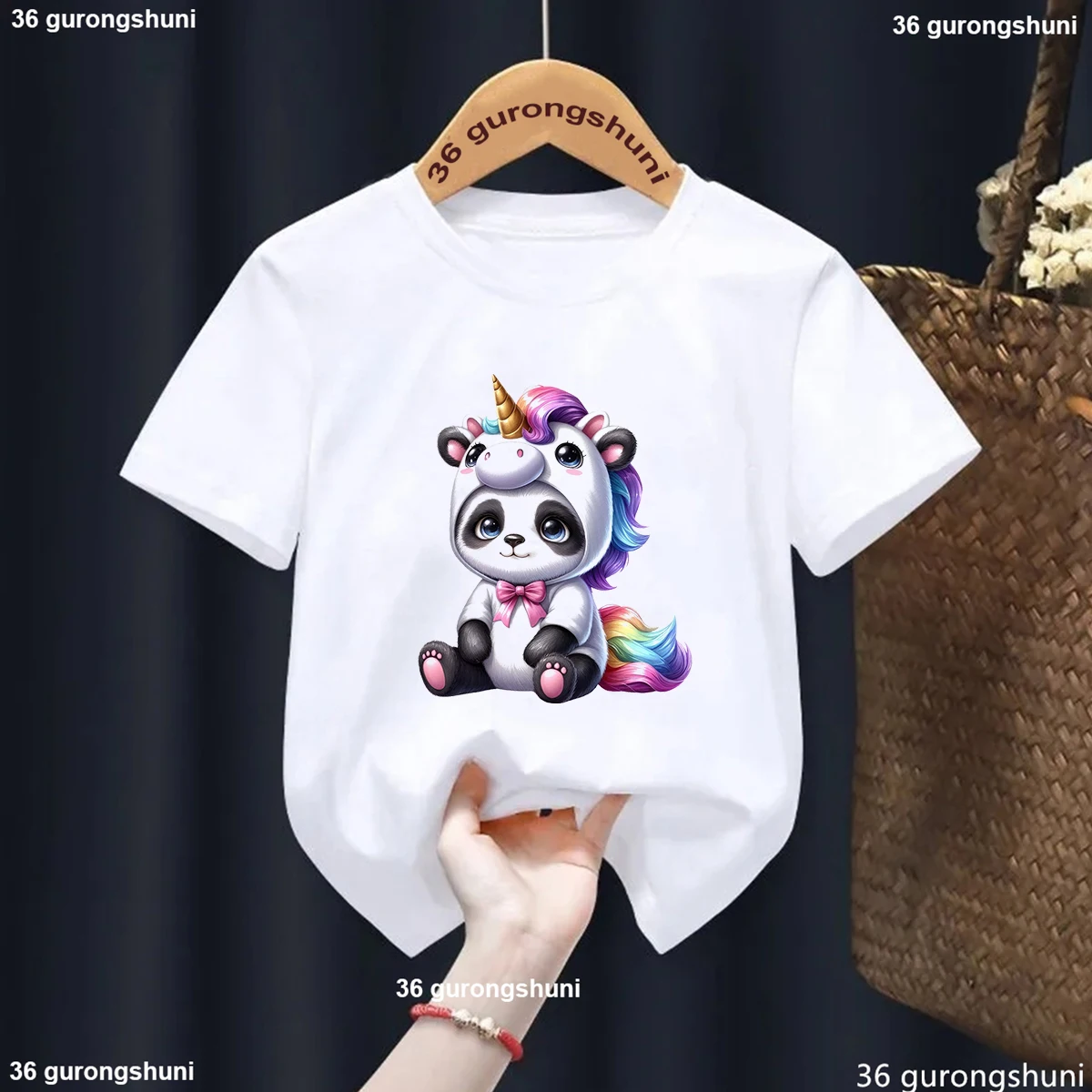 Camiseta con estampado de animales de Panda y unicornio arcoíris para niñas/niños, ropa divertida Kawaii para niños, camiseta de moda de verano, camisetas de 3 a 13 años