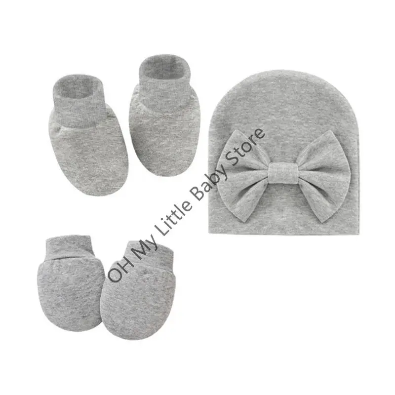M76C Gorro con lazo para bebé, guantes sin arañazos, conjunto cubierta para los pies, manoplas algodón suave, gorro, - imagen 4