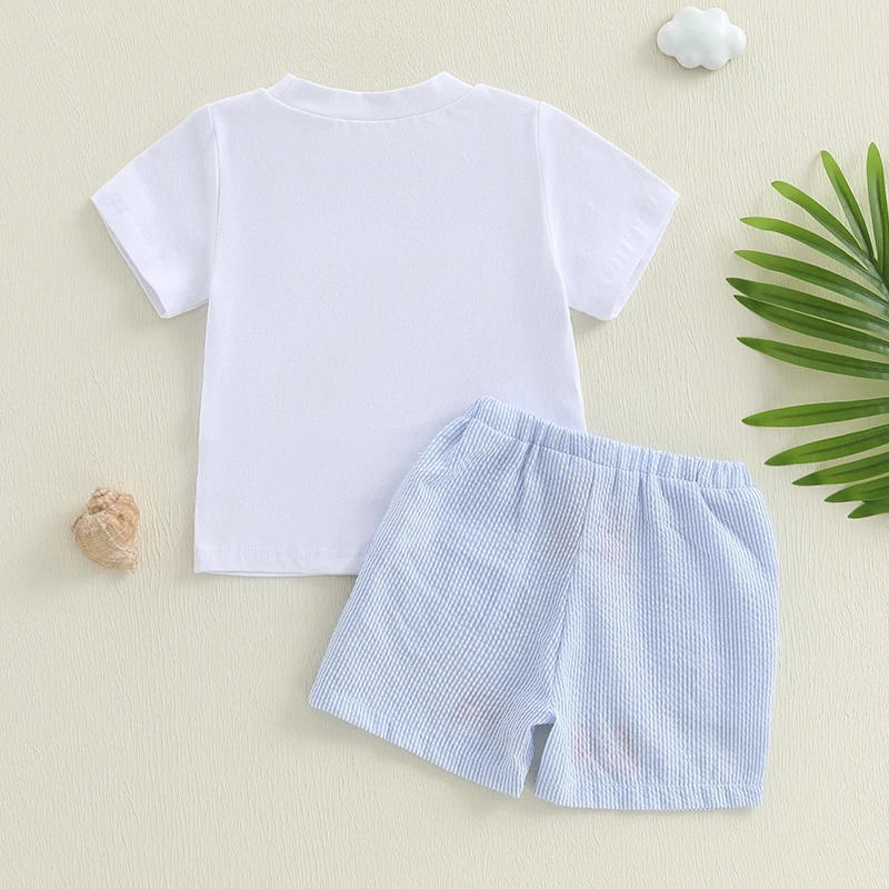 Suefunskry Conjuntos de verano para niños pequeños, camisetas y pantalones cortos de manga corta con cuello redondo y bordado de cangrejo - imagen 2